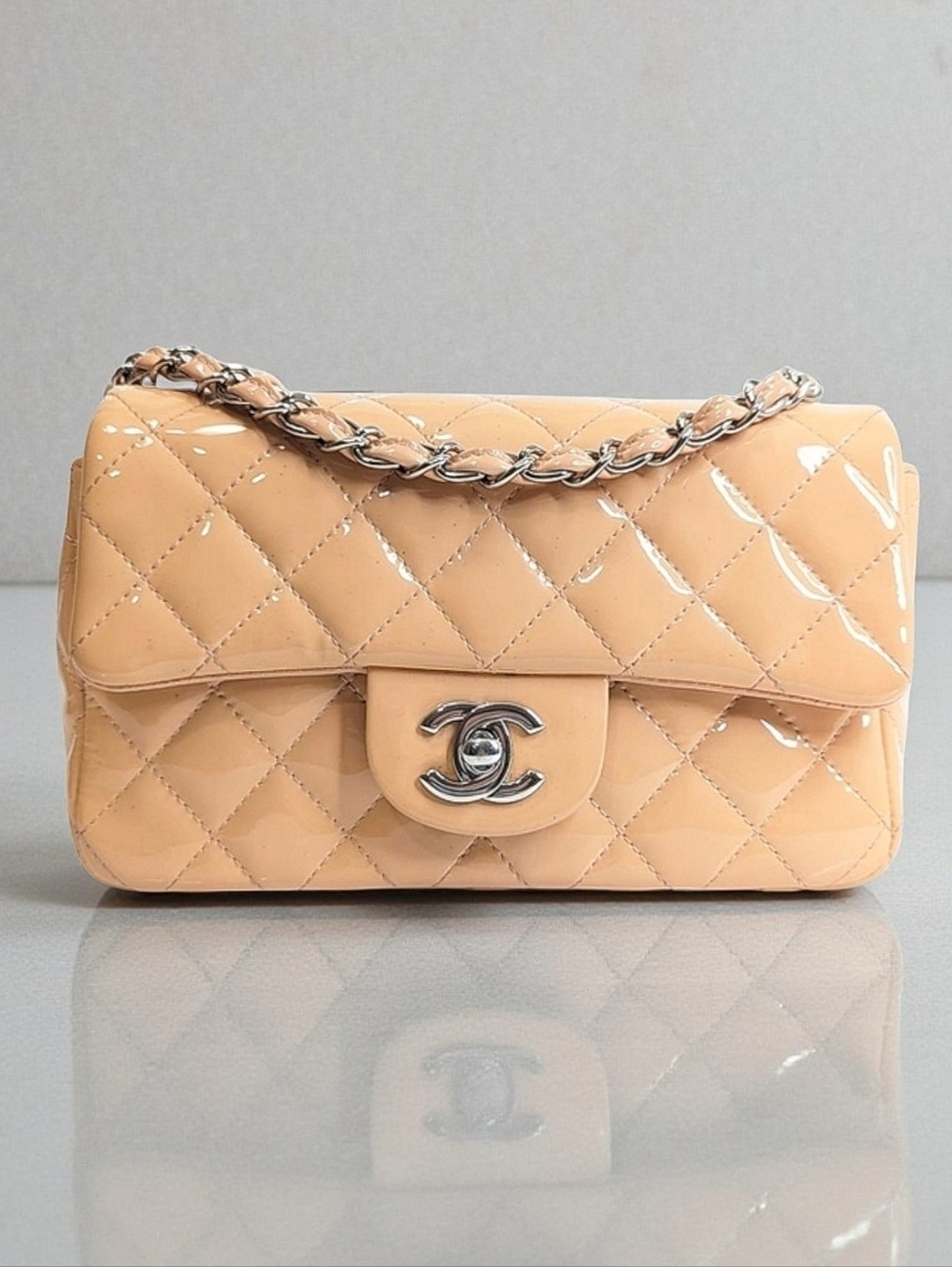 Chanel Classic Mini Rectangular Flap Bag Peach Beige Patent Leather
